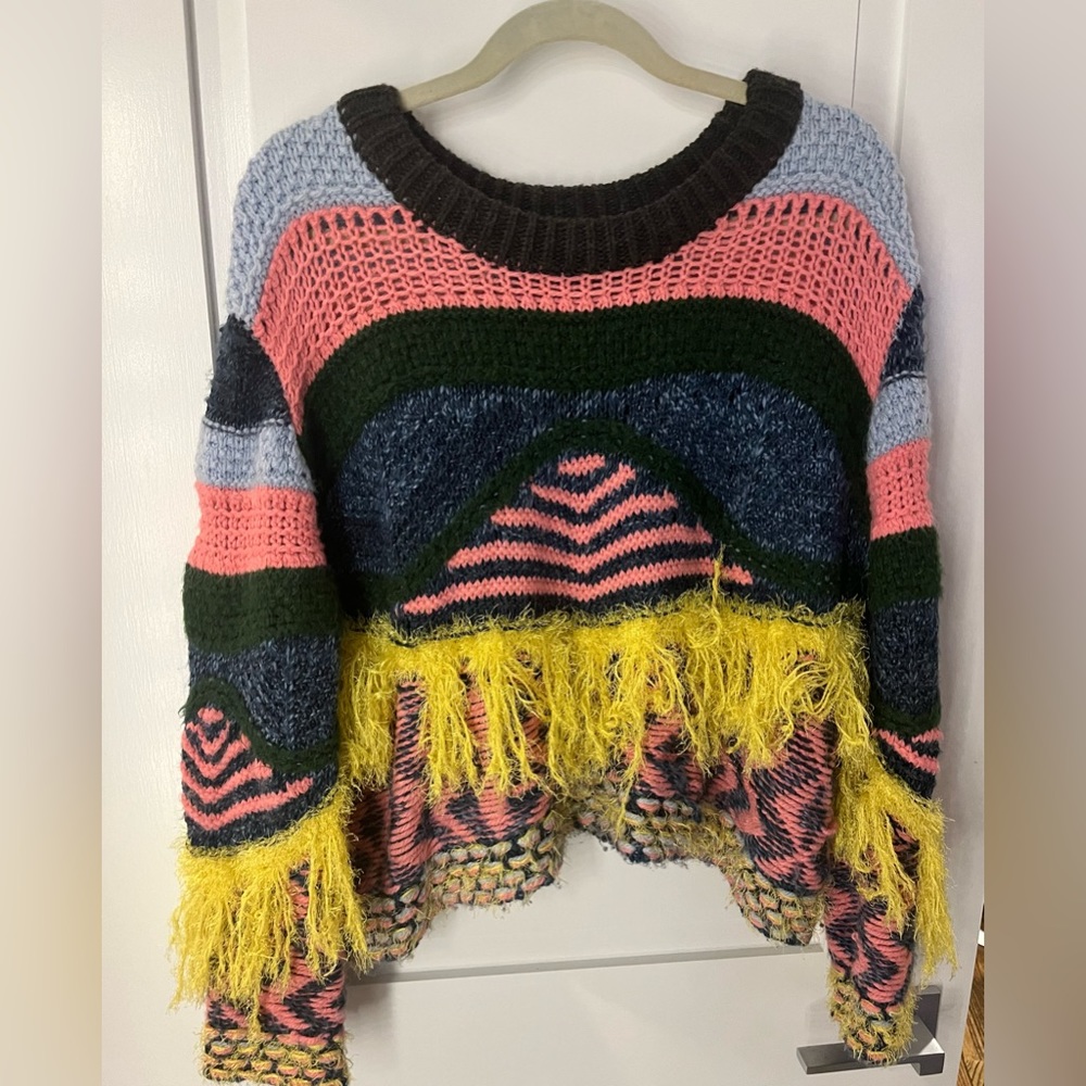 Zara Multicolor Fringe Knit Sweater - Pink, Yellow, Blue, Green, Black